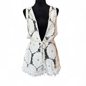 Y2K Cream Lace Romper – Boho Festival Crochet Playsuit S